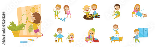 Naughty Girl and Boy Sitting in Mud and Breaking Vase Vector Illustration Set
