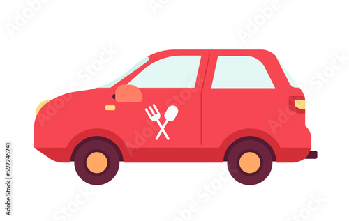 Food delivery vehicle semi flat colour vector object. Catering service. Commercial transport. Editable cartoon style icon on white. Simple spot illustration for web graphic design and animation