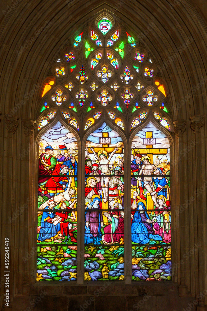 stained glass window of the crucifiction of jesus