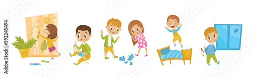 Naughty Girl and Boy Sitting in Mud and Breaking Vase Vector Illustration Set