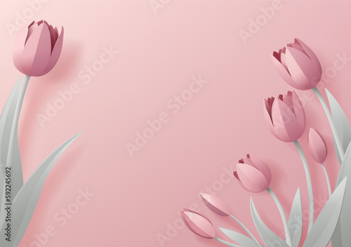 Paper craft or paper cut origami style floral tulip flowers design. With pink tulips background corner frame design elements. Perfect for Valentines Day or Mothers Day.