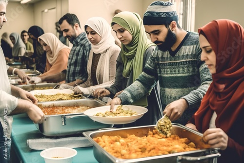 A group of friends volunteering at a local charity during Ramadan. The volunteers be shown in traditional Ramadan attire, with the emphasis on the spirit of giving and compassion. Generative AI