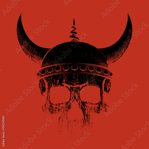 T-shirt illustration of a viking skull on a red background. Design to illustrate demonic themes