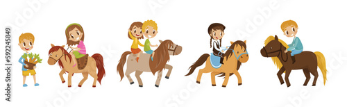 Cute Kid Jockey Riding Horse with Leading Reins Vector Set