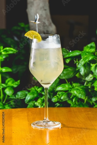 Vertical shot of a Hugo cocktail on a table