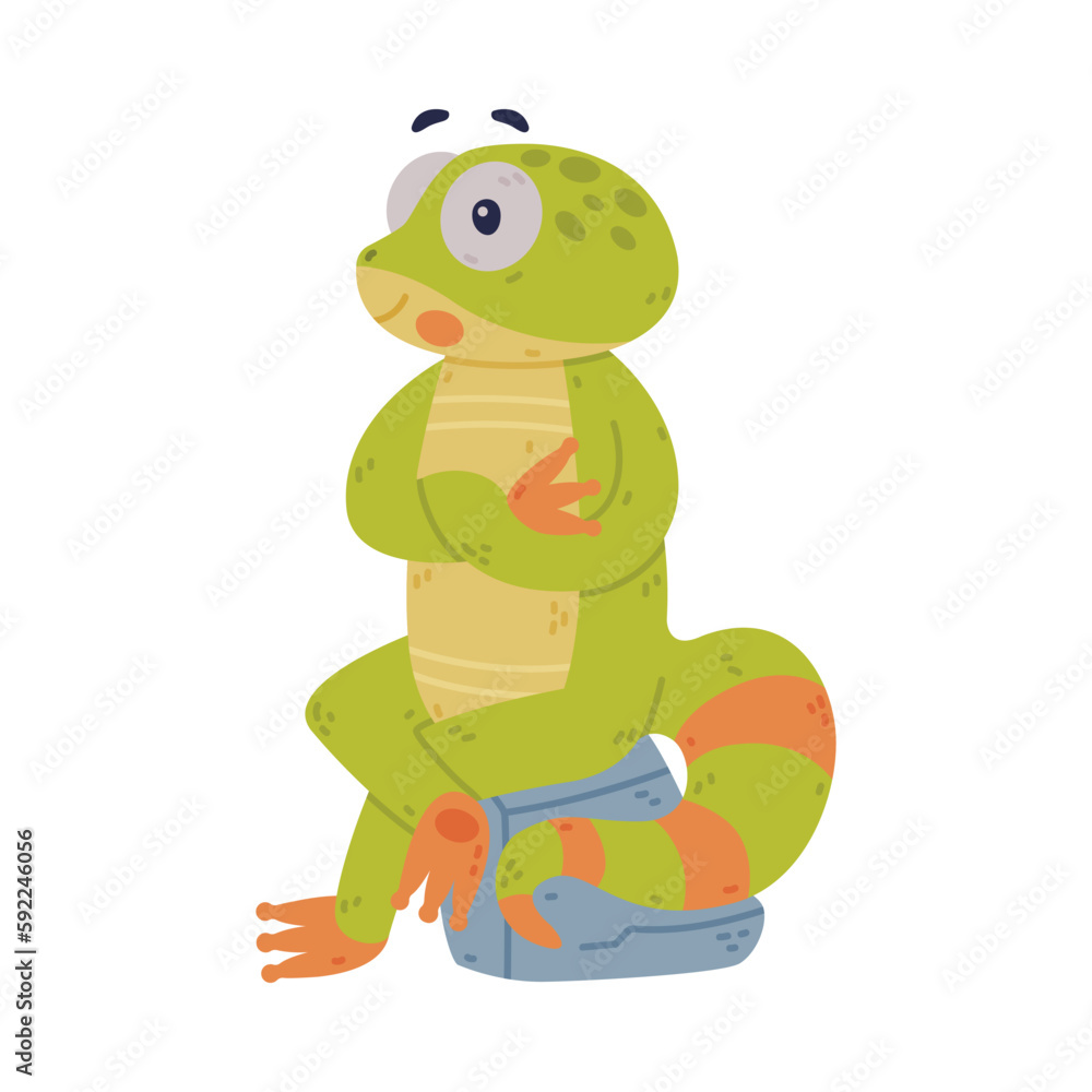 Fototapeta premium Funny Green Gecko Character with Bulging Eyes Sitting on Stone Vector Illustration