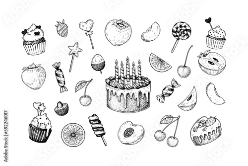 Set of sweets and fruits. Birthday cake and other treats for children. Hand drawn vector illustration in sketch style