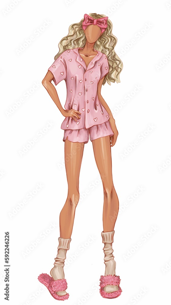 beautiful woman in pink pyjama. girl in sleepwear, slippers and sleep mask. morning trendy outfit. isolated fashion illustration, design for paper doll beautiful woman in pink pyjama. girl in sleepwear, slippers and sleep mask. morning trendy outfit. isolated fashion illustration, design for paper doll