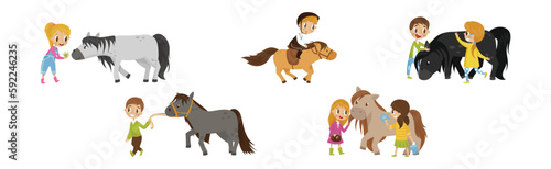Cute Kid Jockey Riding Horse with Leading Reins and Grooming Vector Set