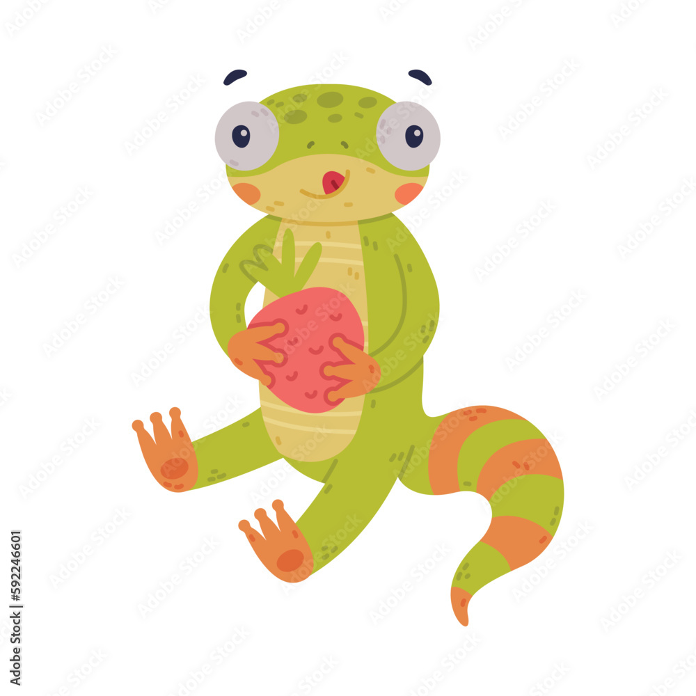 Naklejka premium Funny Green Gecko Character Sitting and Eating Strawberry Vector Illustration