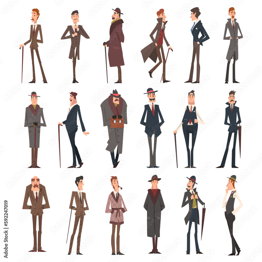 Victorian Gentleman in Elegant Suit with Respectful Manner Standing Big Vector Set Victorian Gentleman in Elegant Suit with Respectful Manner Standing Big Vector Set