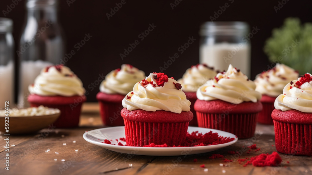 Moist, fluffy cupcakes with a vibrant red color, topped with creamy cream cheese. Generative AI image.