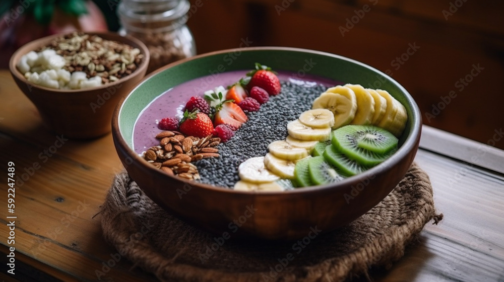 Smoothie Bowl: Blend frozen fruit, spinach, almond milk, and protein powder. Generative AI image. Smoothie Bowl: Blend frozen fruit, spinach, almond milk, and protein powder. Generative AI image.