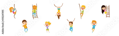 Little Boy and Girl Climbing Ladder and Swinging Rope Vector Set
