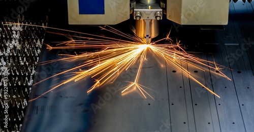Automated stainless steel cutting machine produces sparks while in motion