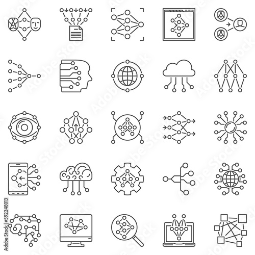Neural Network outline icons set - Artificial Intelligence vector line symbols
