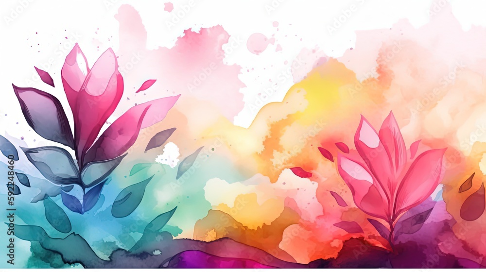 watercolor flora abstract background, leaves and flower with watercolor texture background, Generative Ai