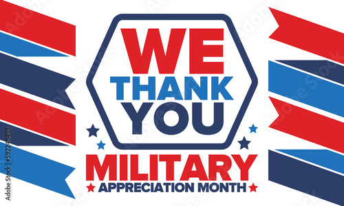 National Military Appreciation Month in May. Annual Armed Forces Celebration Month in United States. Patriotic american elements. Poster, card, banner and background. Vector illustration