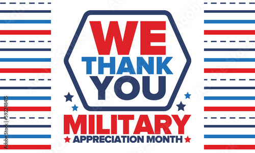 National Military Appreciation Month in May. Annual Armed Forces Celebration Month in United States. Patriotic american elements. Poster, card, banner and background. Vector illustration