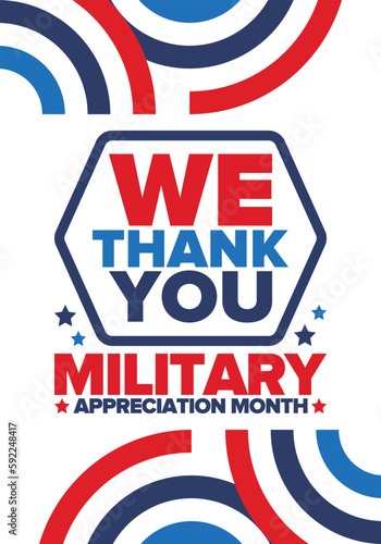 National Military Appreciation Month in May. Annual Armed Forces Celebration Month in United States. Patriotic american elements. Poster  card  banner and background. Vector illustration