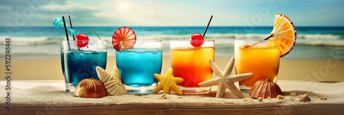 Glasses with different cocktails on the beach. Summer vacation concept. Created with generative Ai