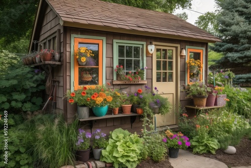 garden shed with window box full of colorful flowers, created with generative ai photo