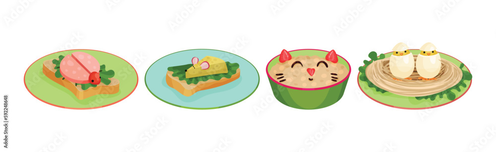 Creative Meal Dishes Plating and Serving Ideas Vector Set Creative Meal Dishes Plating and Serving Ideas Vector Set