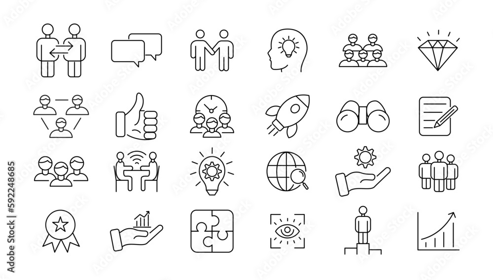  Teamwork line icons set. Businessman outline icons collection. Work group and human resources. Business teamwork, human resources, meeting, partnership, meeting, work group, success - stock vector.