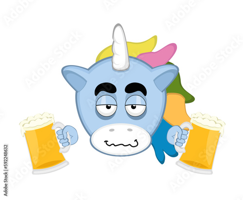 vector illustration face of a drunk cartoon unicorn with beers in his hands