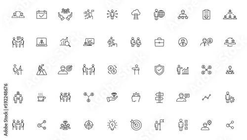  Teamwork line icons set. Businessman outline icons collection. Work group and human resources. Business teamwork, human resources, meeting, partnership, meeting, work group, success - stock vector.