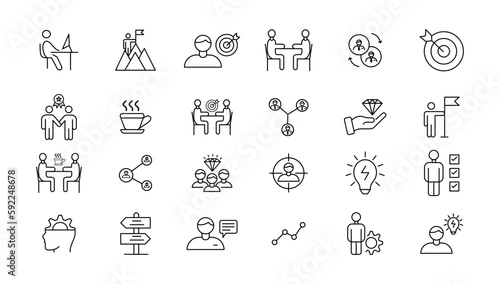  Teamwork line icons set. Businessman outline icons collection. Work group and human resources. Business teamwork, human resources, meeting, partnership, meeting, work group, success - stock vector.