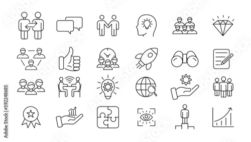  Teamwork line icons set. Businessman outline icons collection. Work group and human resources. Business teamwork  human resources  meeting  partnership  meeting  work group  success - stock vector.