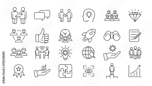  Teamwork line icons set. Businessman outline icons collection. Work group and human resources. Business teamwork, human resources, meeting, partnership, meeting, work group, success - stock vector.