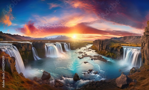 beautiful big waterfall scenic panorama landscape with sunlight flare at sunset time, gorgeous breathtaking nature landscape background wallpaper, Generative Ai © QuietWord