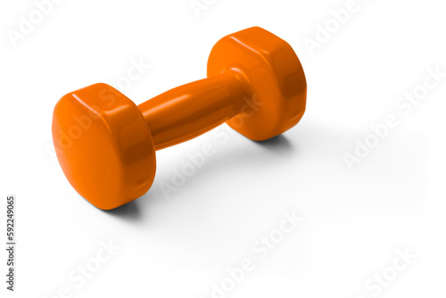 An orange dumbbell lies on a white matte surface. Isolated with shadow on a transparent background. Selective focus.