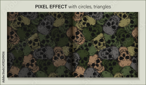 Green khaki camouflage patterns with human skulls. PIXEL efffect. Dense random chaotic composition. Good for apparel, fabric, textile, sport goods. photo