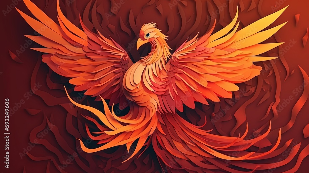 Fototapeta premium paper craft illustration of orange fire bird phoenix, Generative Ai