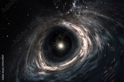 black hole surrounded by swirl of gases and debris, with stars shining in the background, created with generative ai photo