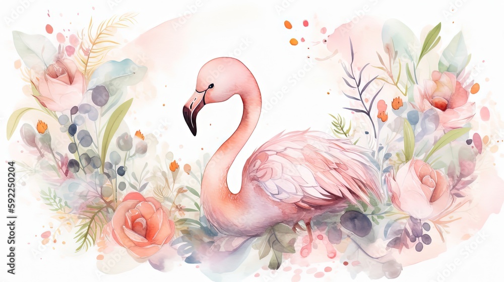 Naklejka premium watercolor style illustration of happy flamingo in flower blossom garden, idea for home wall decor, kid room, Generative Ai