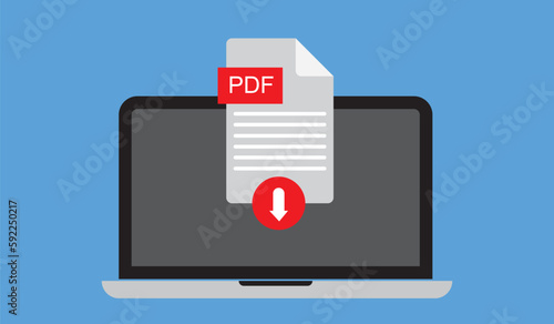 Concept of downloading a pdf file on a laptop on a blue background