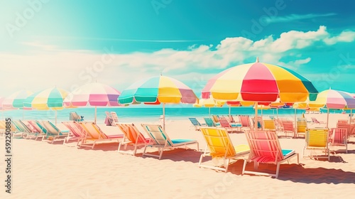 colorful parasol and beach bed with blue sky and white beach, seascape paradise holiday, Generative Ai