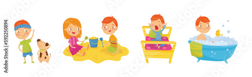 Little Boy Engaged in Daily Activity and Everyday Routine Vector Set