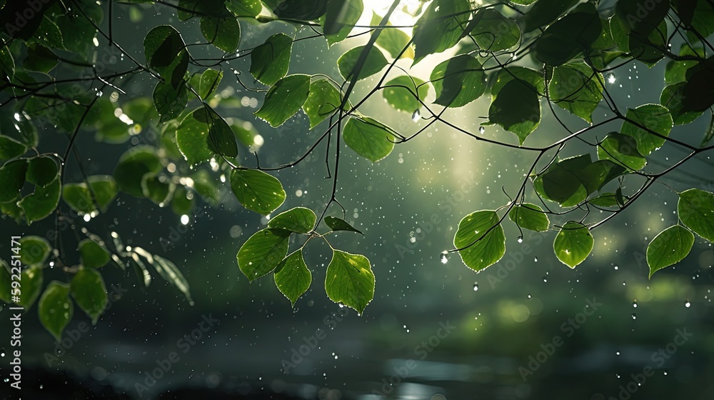 raindrop on green leaf branch, raining season background wallpaper, Generative Ai raindrop on green leaf branch, raining season background wallpaper, Generative Ai