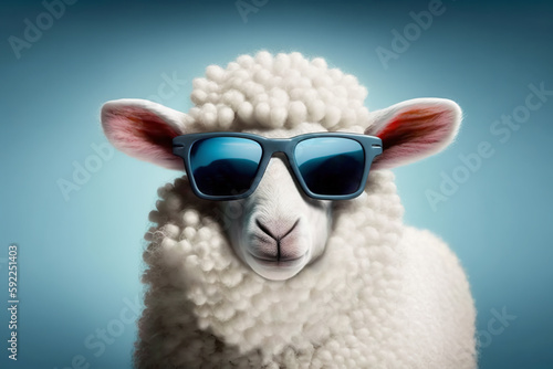 Funny sheep wearing sunglasses. Generative AI.