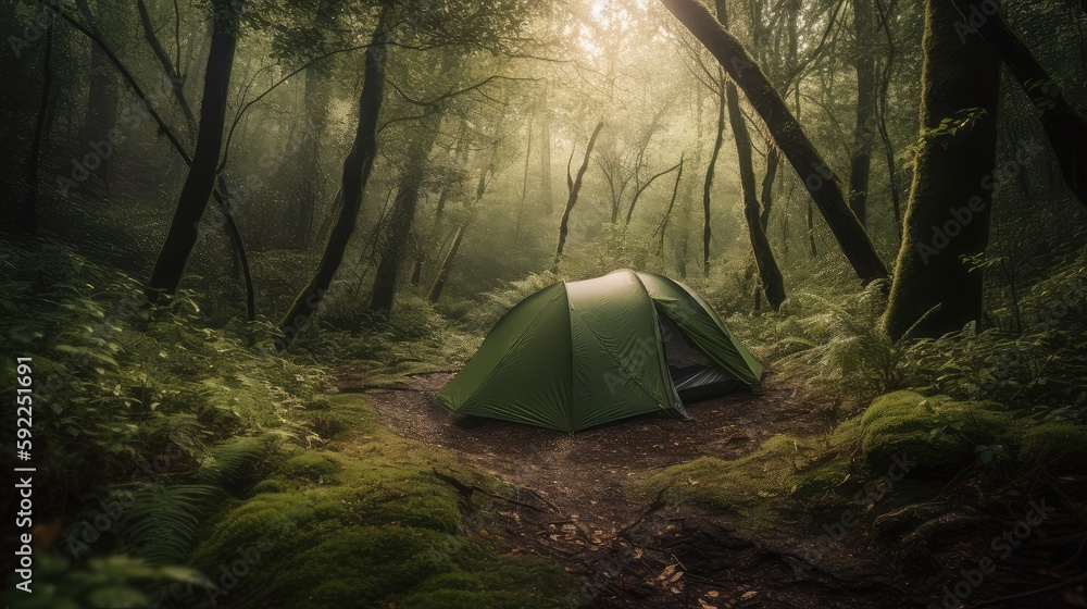 Camping in the woods in the morning, camping, photography, AI