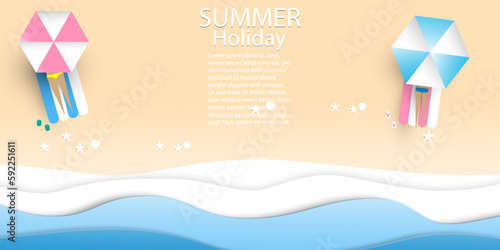 Top view  of tourist  take rest  under umbrellas  on the beach with , balls ,surfboard ,starfish , wave , Paper cut and craft style vector illustration,Travel summer vacation holiday Concept,
