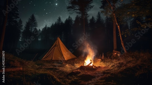 Tent and campfire at night in the forest  hiking  recreation  stars  photography  AI
