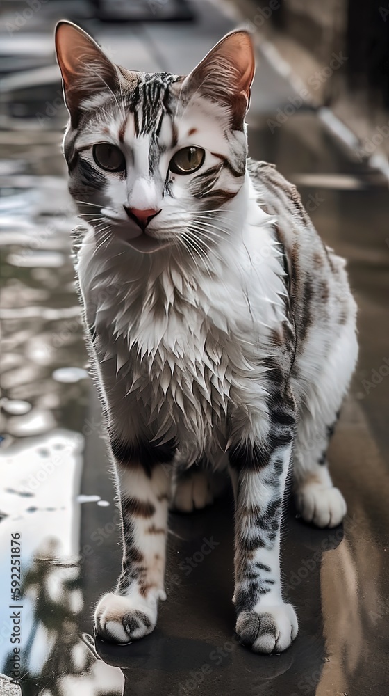 cute stray cat wet fur at street after rain, Generative Ai