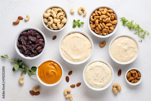 A variety of different flavors of peanut butter are on a white background. AI generation