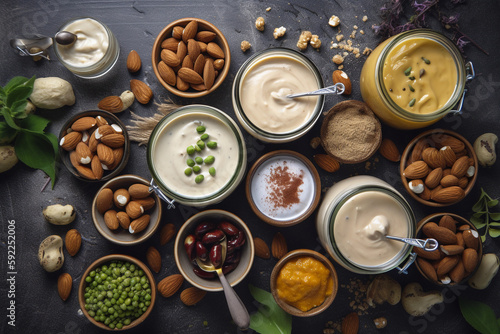 A variety of different foods are on a table. AI generation